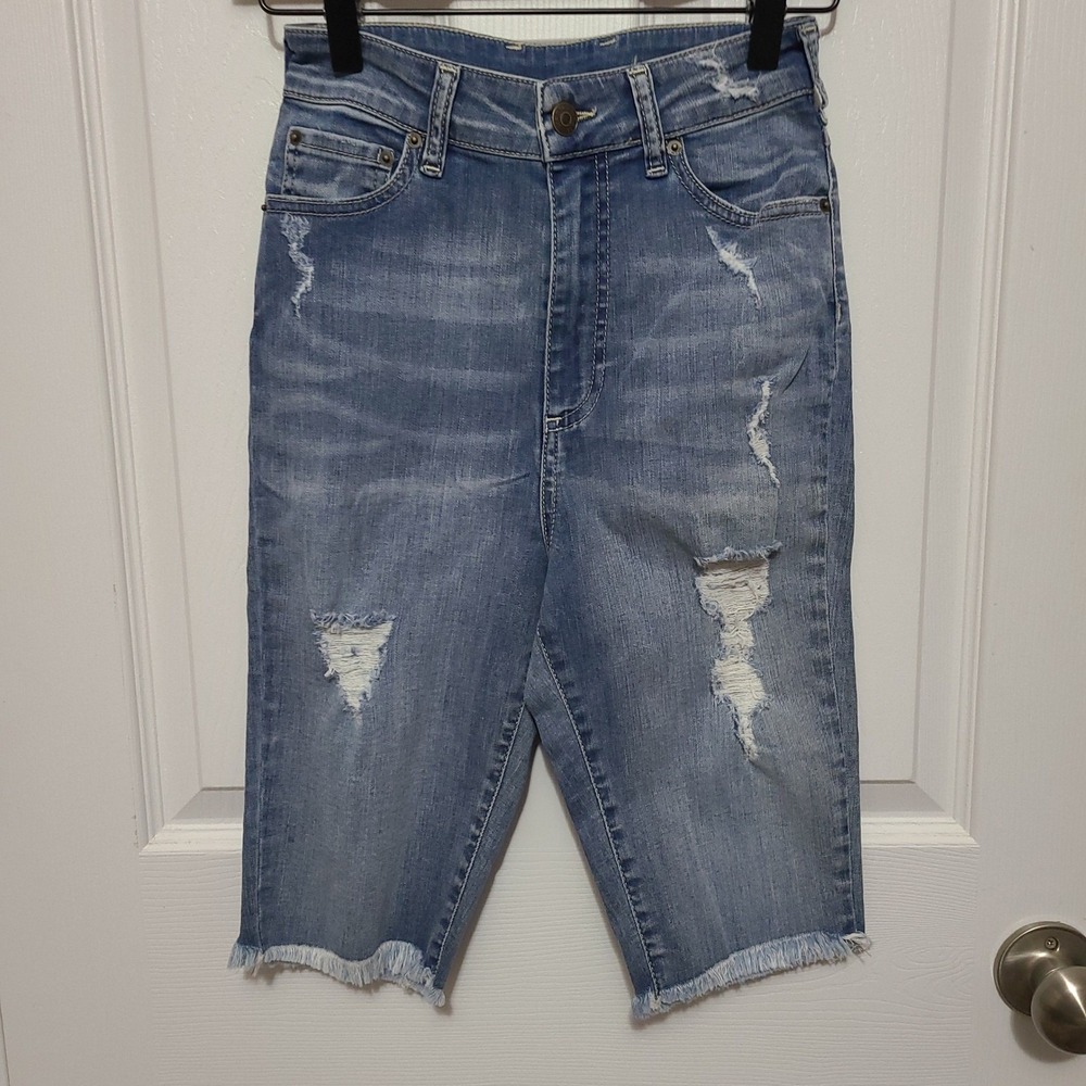 SER.O.YA Maya Biker Shorts Women Size 25 Blue Distressed High Rise Denim Jorts